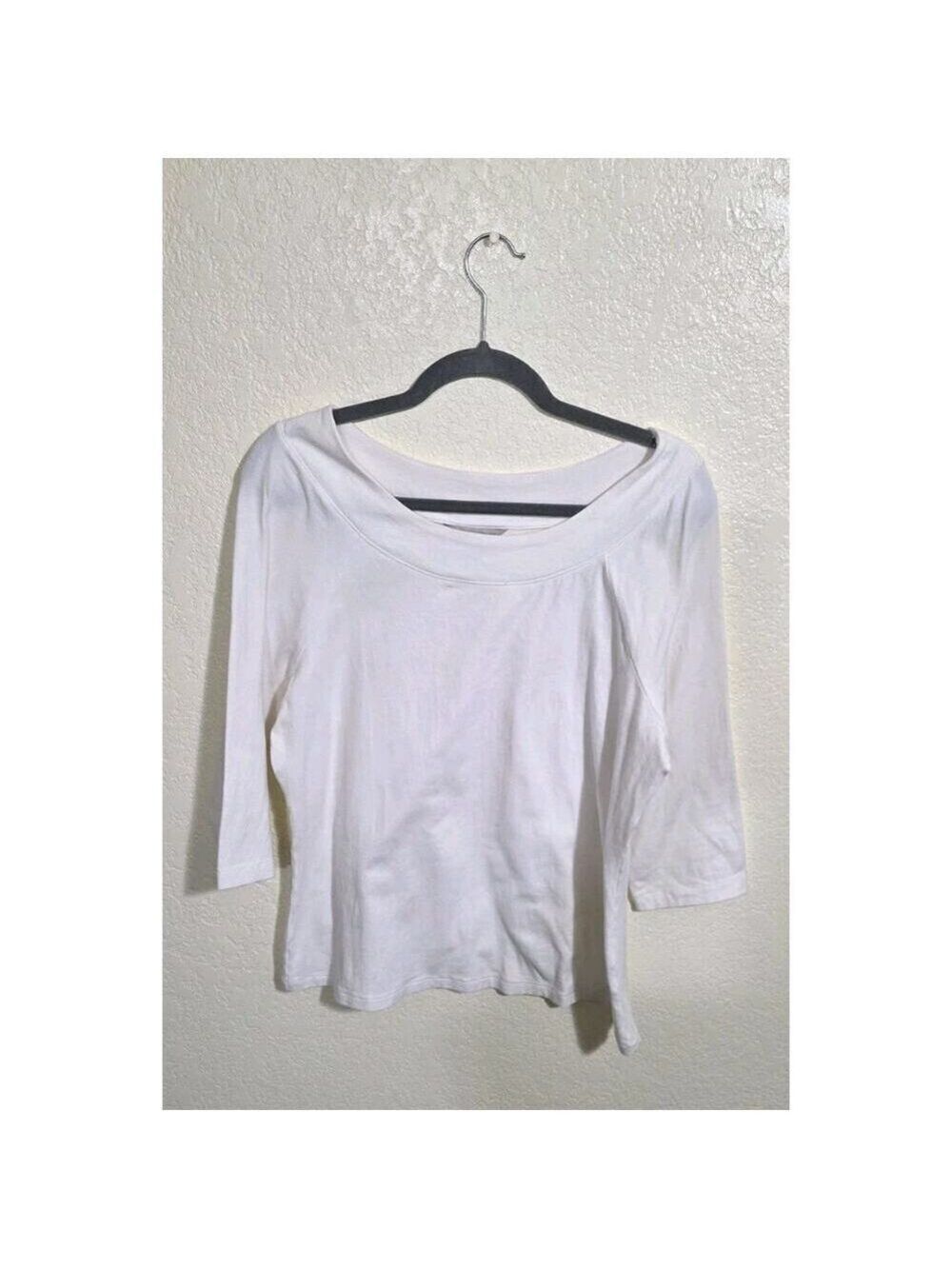 Laura Ashley 3/4 Sleeve solid white pullover knit top Petite Large Cotton Shirt